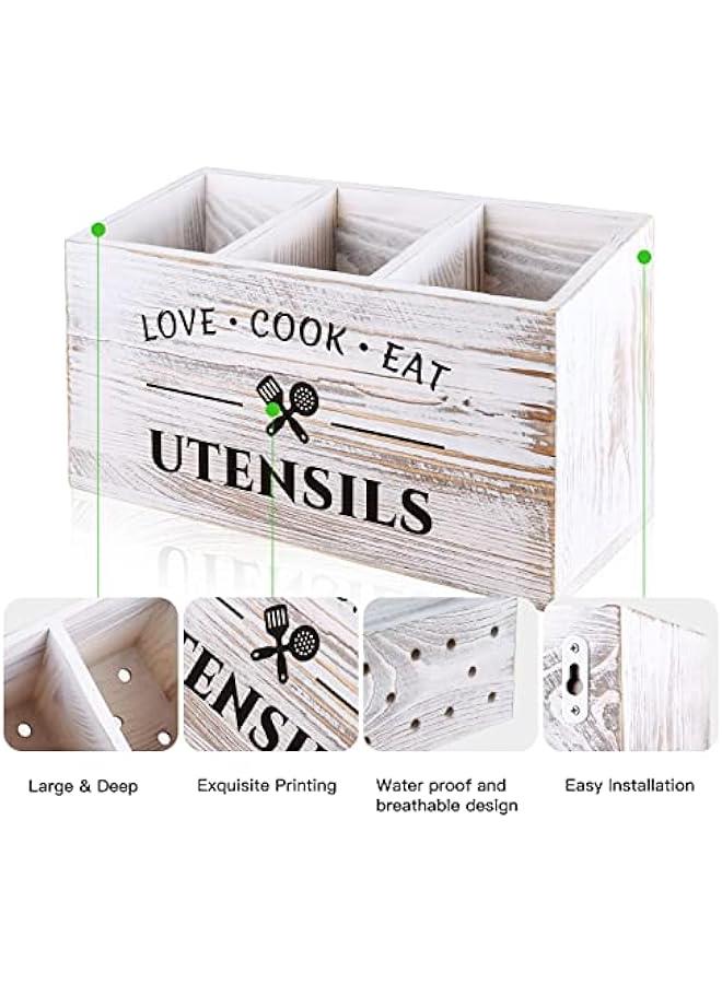 Wood Kitchen Utensil Caddy with 3 Compartments, Rustic Farmhouse Style, Ideal for Storage and Organization, White - Image 3